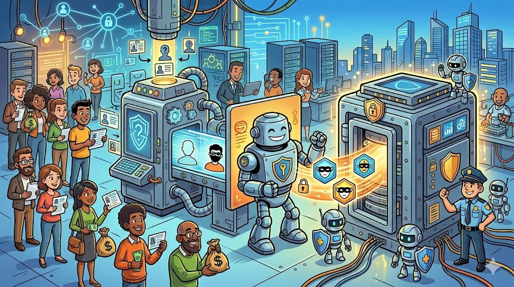 Illustration of a secure FinTech environment with encrypted data flows and anonymous indexing, symbolizing privacy and compliance in KYC processes.