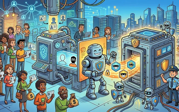 Illustration of a secure FinTech environment with encrypted data flows and anonymous indexing, symbolizing privacy and compliance in KYC processes.