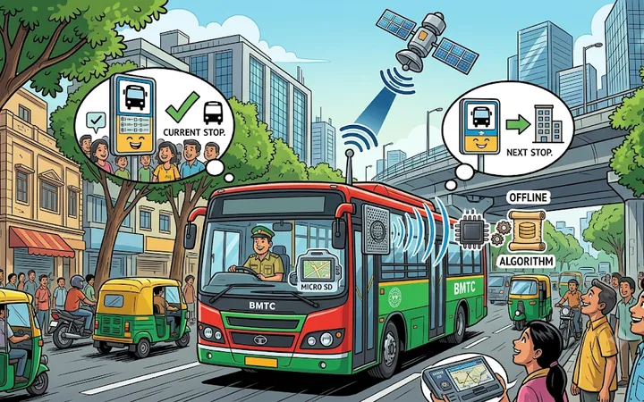 Diagram showing a bus stop announcement system with GPS multipath jitter and opposing-lane ambiguities.