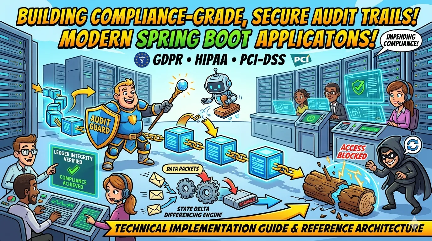 Illustration of a secure audit trail system in a Spring application, featuring compliance symbols for GDPR, HIPAA, and PCI-DSS.