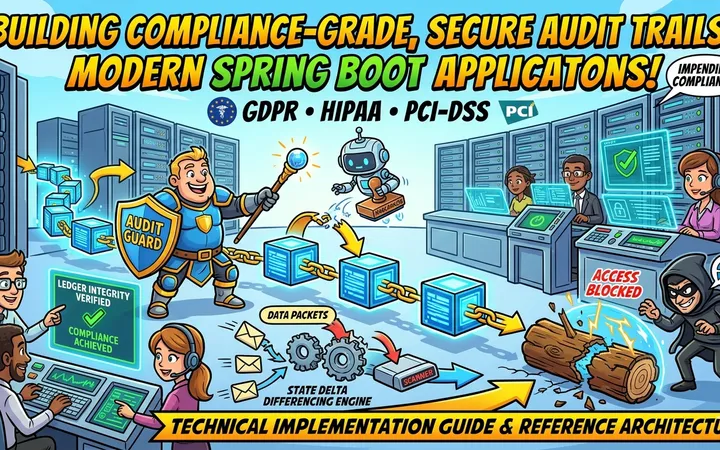 Illustration of a secure audit trail system in a Spring application, featuring compliance symbols for GDPR, HIPAA, and PCI-DSS.