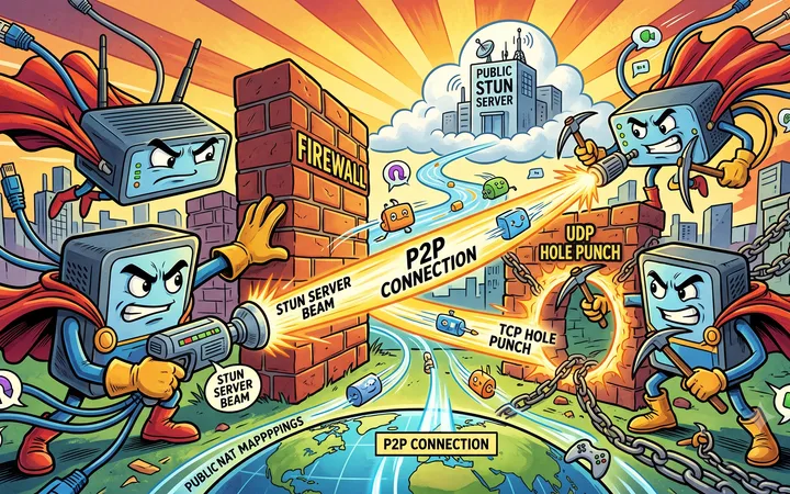 Comic Illustration of a person trying to connect two computers through a firewall, with STUN servers and hole punching techniques depicted as tools breaking through the barrier.