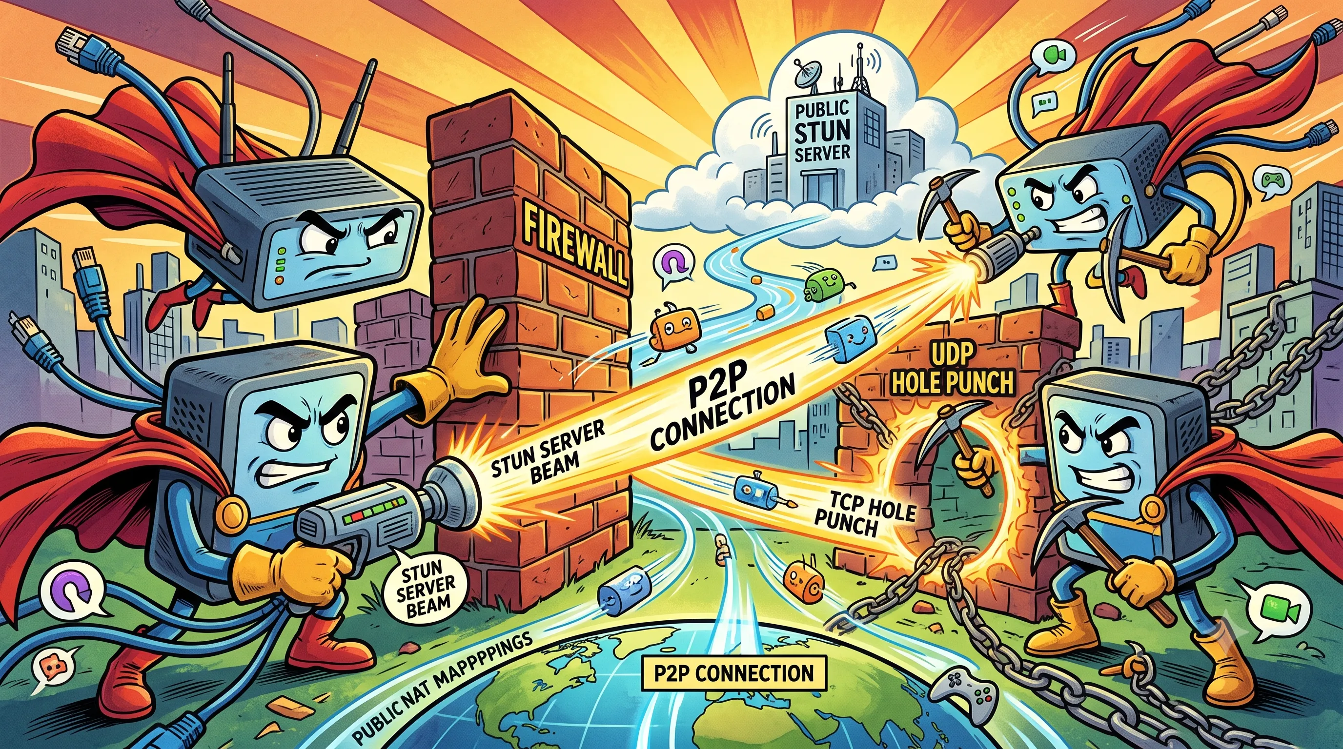 Comic Illustration of a person trying to connect two computers through a firewall, with STUN servers and hole punching techniques depicted as tools breaking through the barrier.