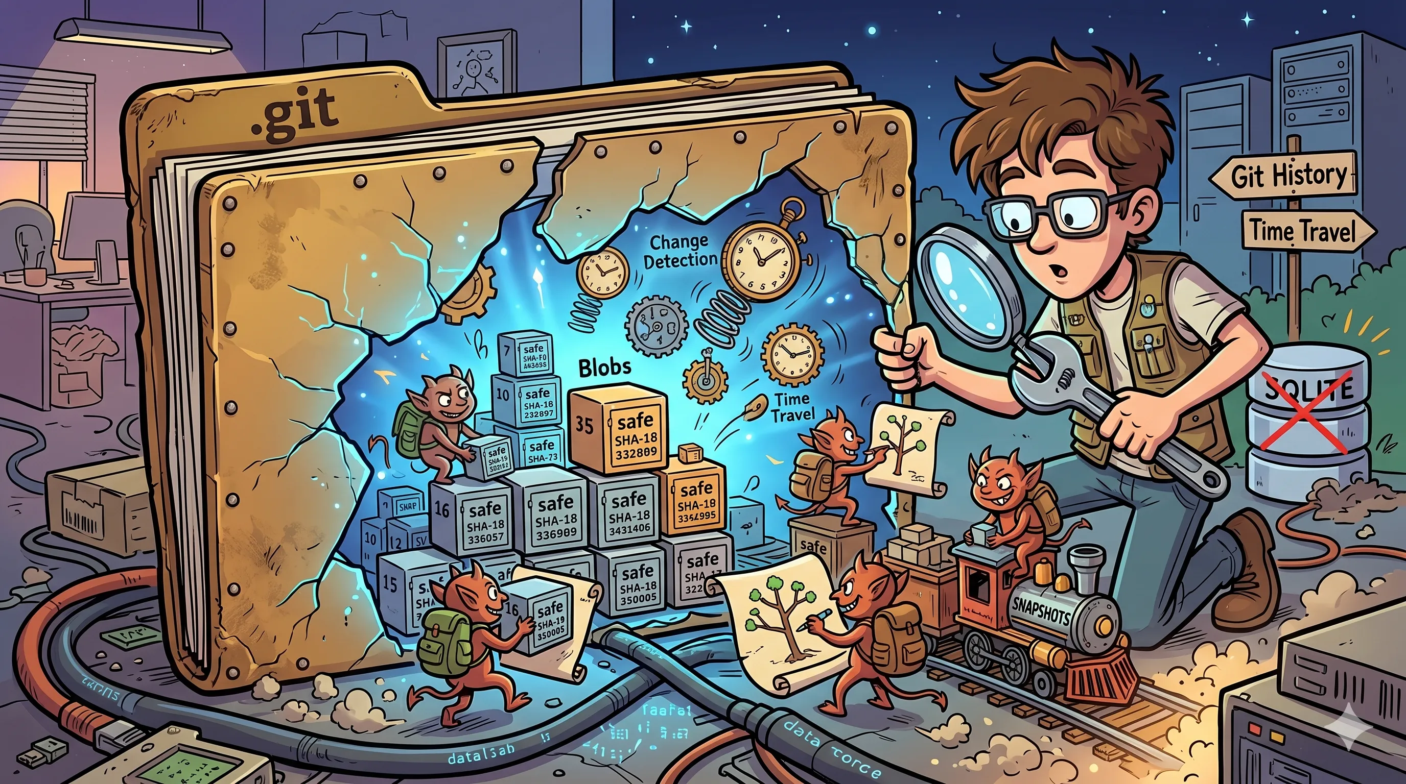 Illustration of a comic-style detective examining a magnifying glass over a Git repository, symbolizing the investigation into Git's internal workings.