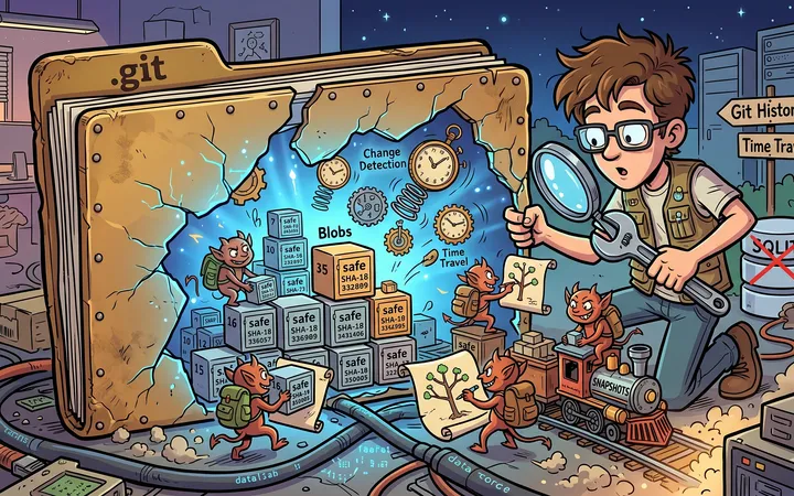 Illustration of a comic-style detective examining a magnifying glass over a Git repository, symbolizing the investigation into Git's internal workings.