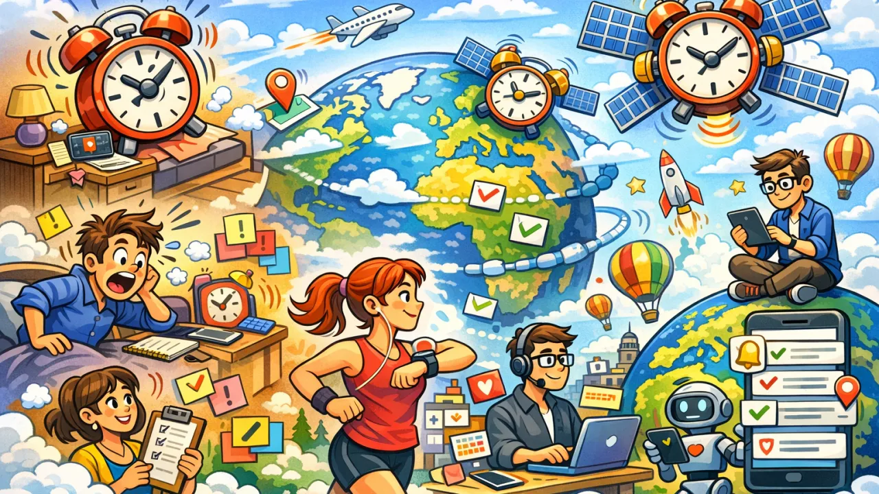 An illustration of a clock with interconnected nodes representing a distributed reminder system.