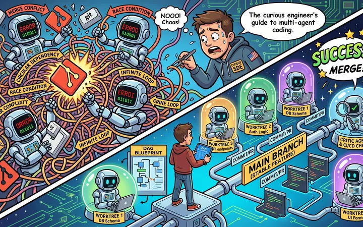 Comic Illustration of a team of AI coding agents working together on a large codebase, each in their own isolated workspace, avoiding merge conflicts and deadlocks.