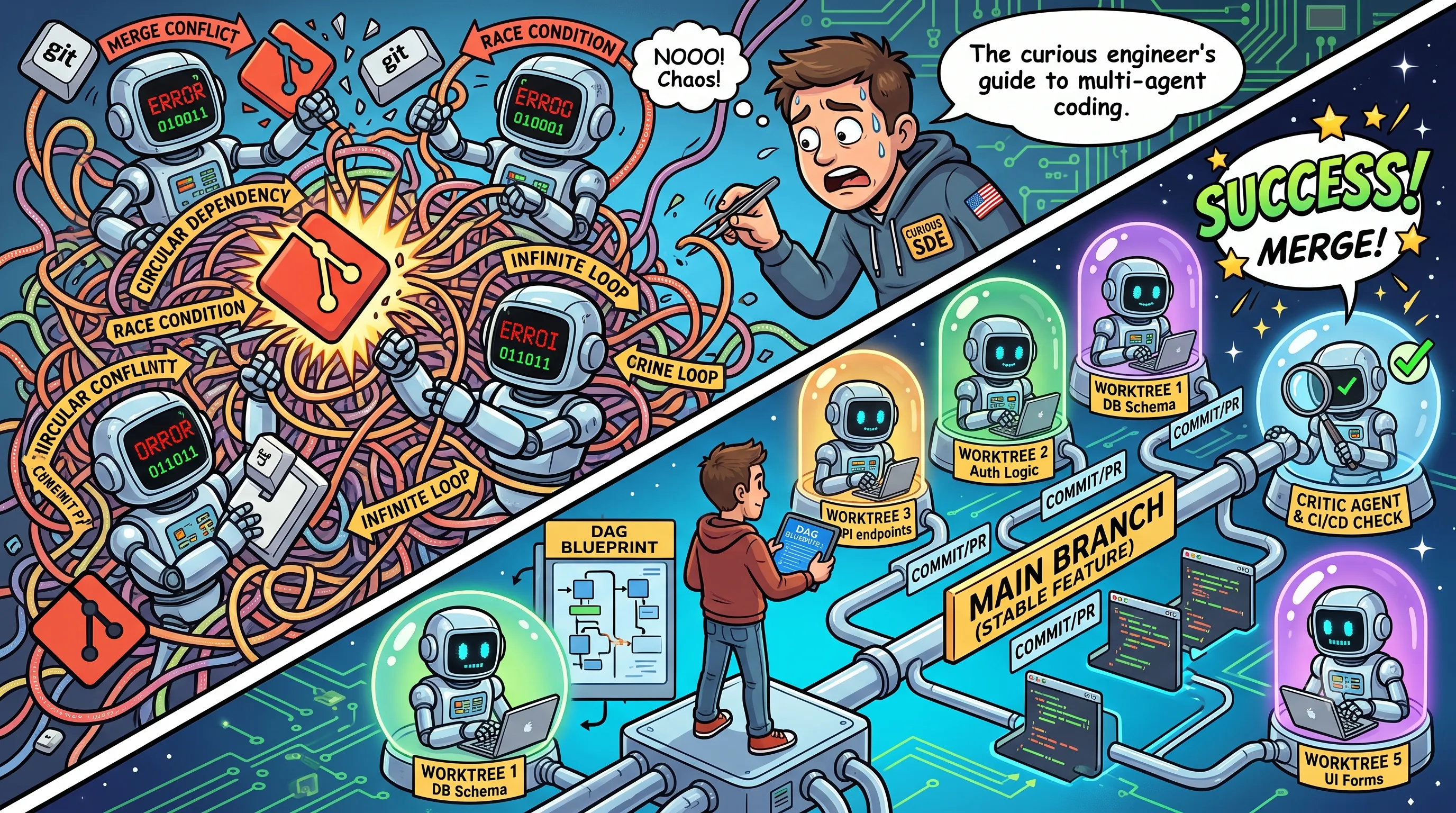 Comic Illustration of a team of AI coding agents working together on a large codebase, each in their own isolated workspace, avoiding merge conflicts and deadlocks.