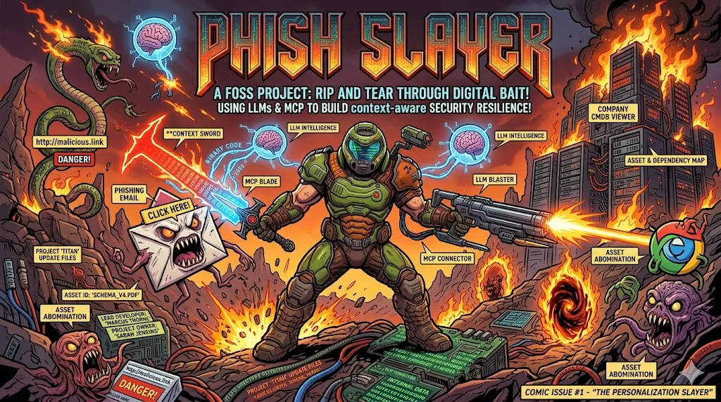 Doom slayer style illustration of a cybersecurity professional battling against a giant, monstrous phishing email, symbolizing the fight against cyber threats. The background features a digital landscape with code and security icons, emphasizing the theme of cybersecurity resilience.
