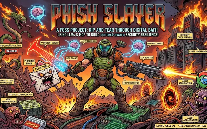 Doom slayer style illustration of a cybersecurity professional battling against a giant, monstrous phishing email, symbolizing the fight against cyber threats. The background features a digital landscape with code and security icons, emphasizing the theme of cybersecurity resilience.