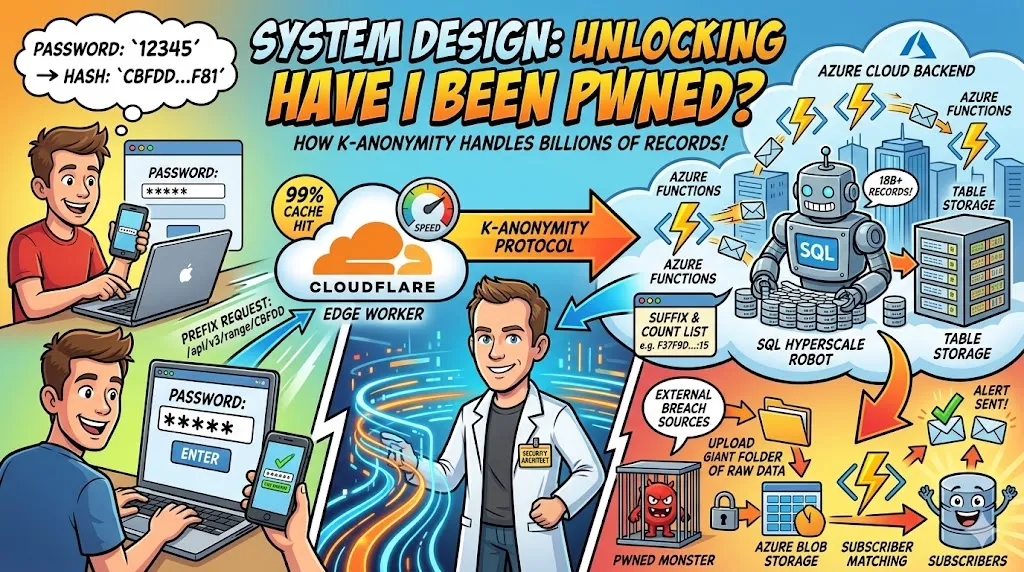 An illustration of a secure vault representing the security of Have I Been Pwned's architecture, with data flowing securely in and out, symbolizing the protection of user information.