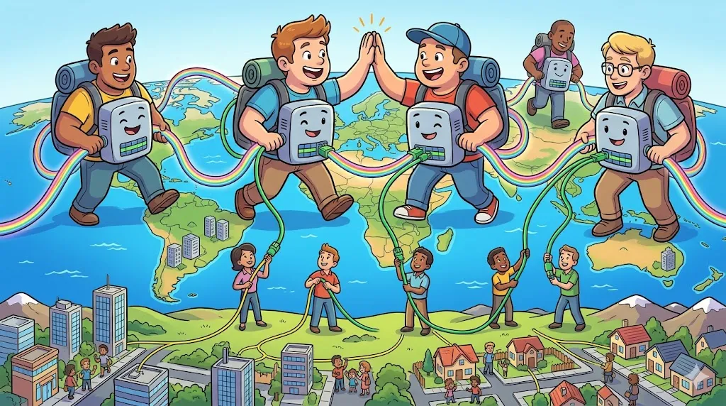 An illustration of the "backbone" of the internet through connected giant figures peering across the globe.