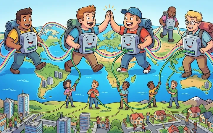 An illustration of the "backbone" of the internet through connected giant figures peering across the globe.