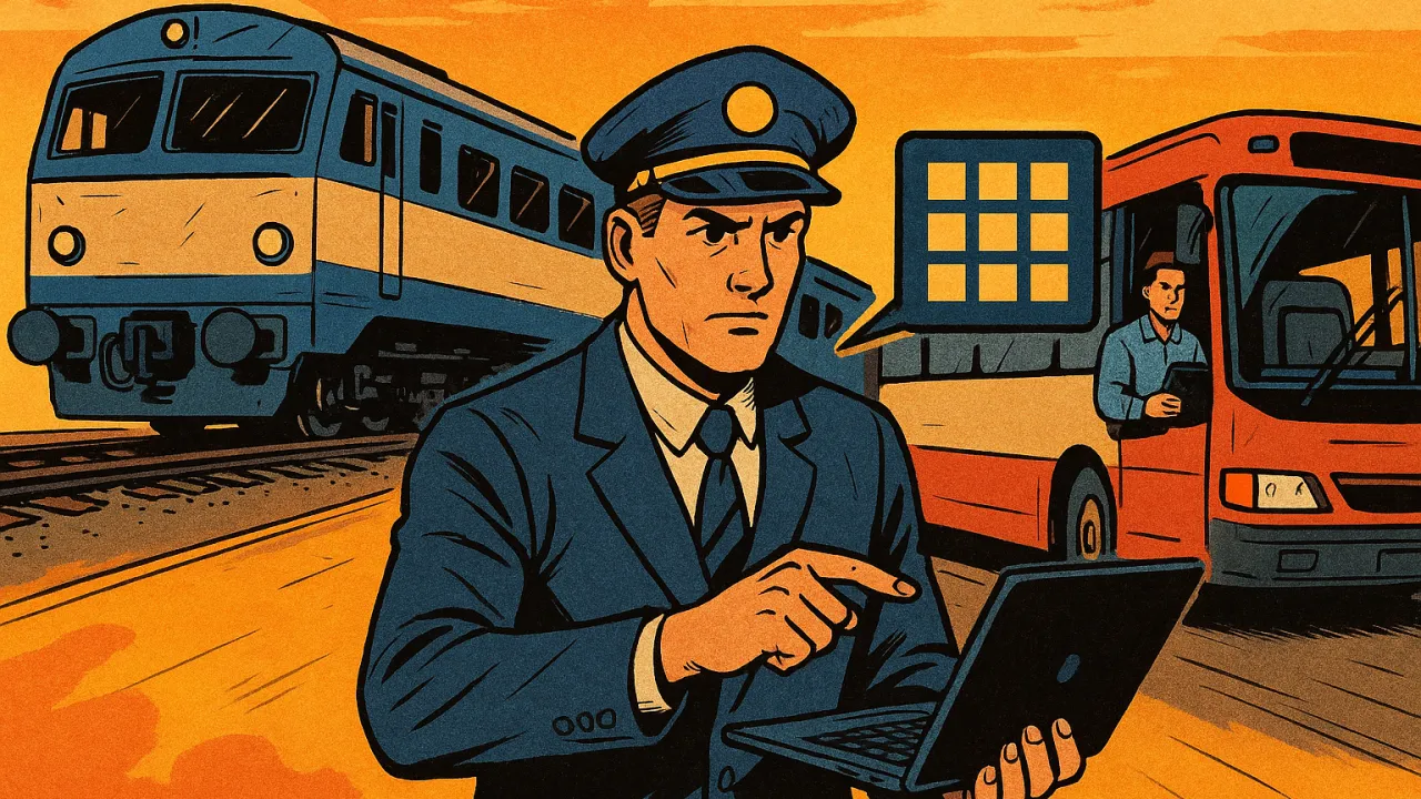 Illustration of a train and a bus with a digital inventory system overlay