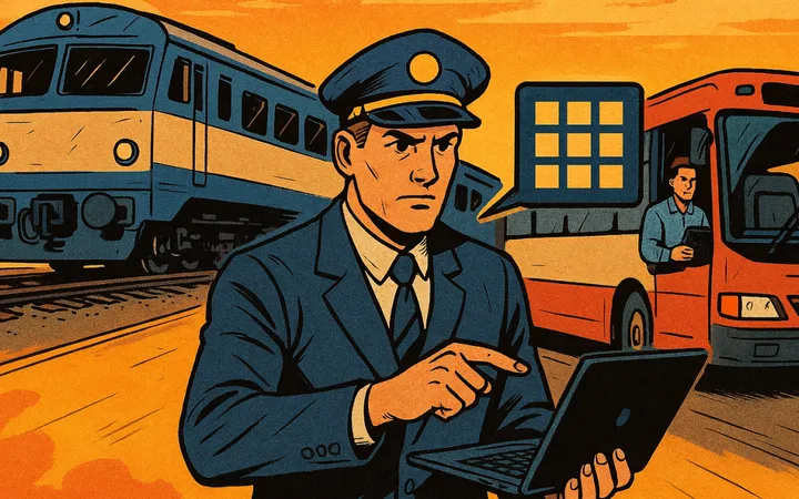 Illustration of a train and a bus with a digital inventory system overlay