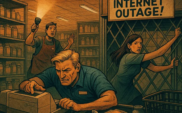 Illustration of a supermarket maintaining operations during an internet outage.