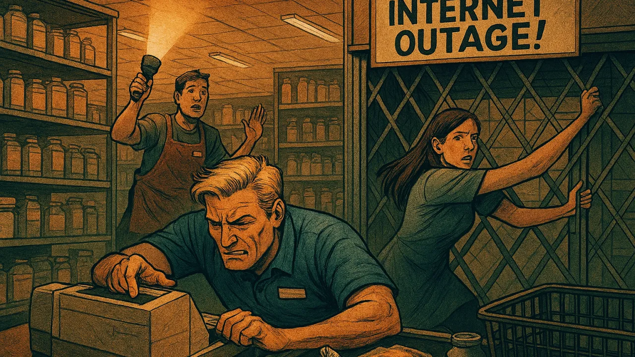 Illustration of a supermarket maintaining operations during an internet outage.
