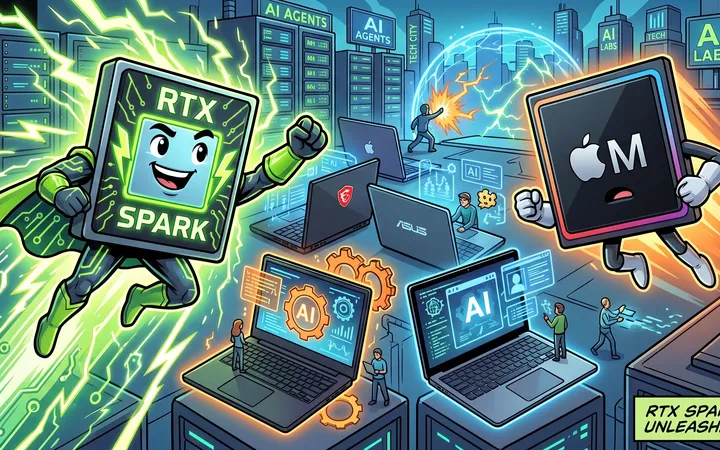 Illustration of NVIDIA RTX Spark superchip with laptop silhouettes in the background