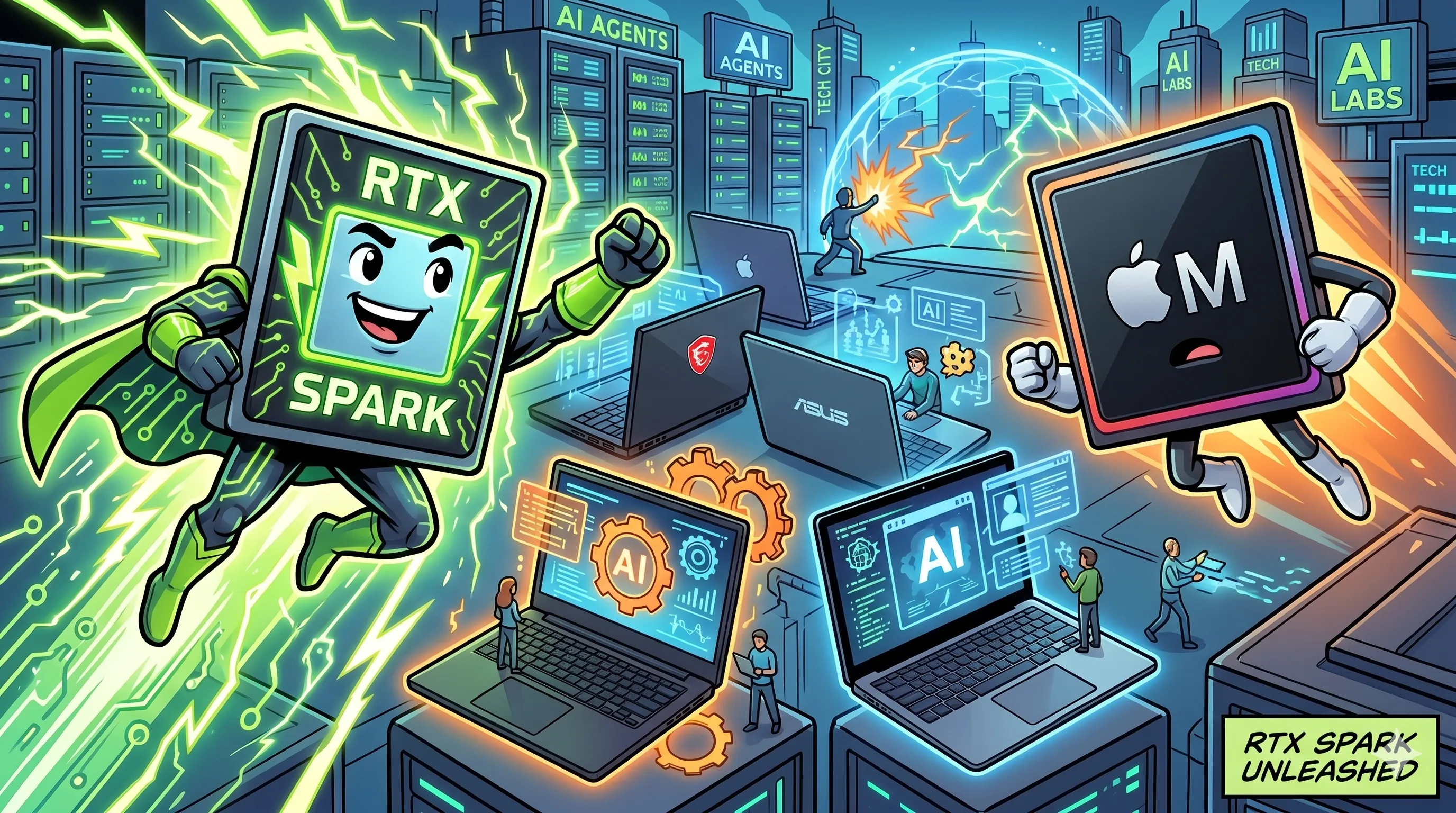 Illustration of NVIDIA RTX Spark superchip with laptop silhouettes in the background