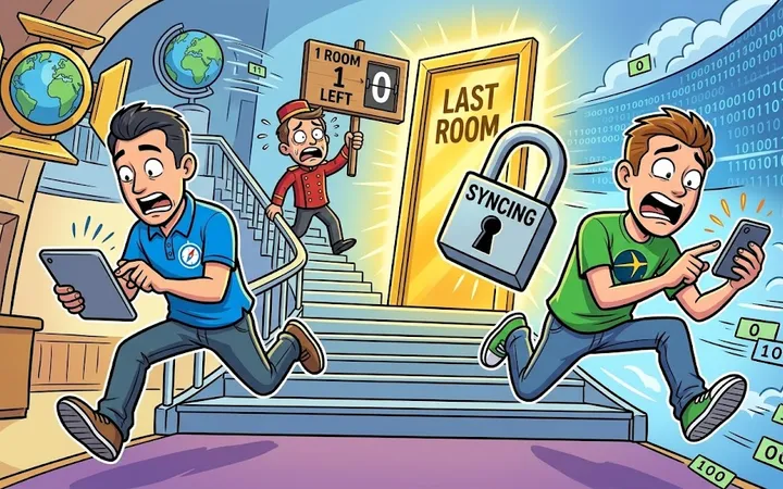 An illustration of a synchronization engine connecting Agoda and OTAs to prevent double bookings, with locks and APIs depicted.