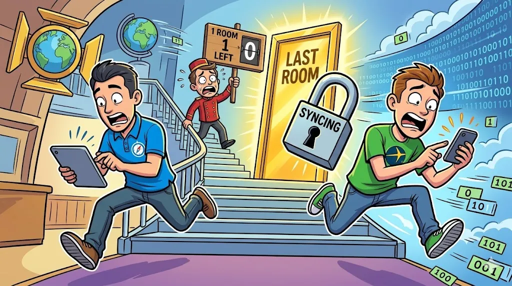 An illustration of a synchronization engine connecting Agoda and OTAs to prevent double bookings, with locks and APIs depicted.