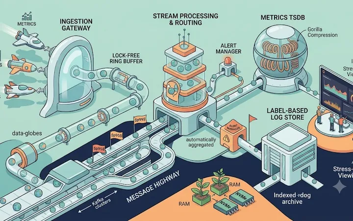 Comic Illustration of architecture of observability tools like Datadog and Grafana, showing a complex system with various components and data flows.