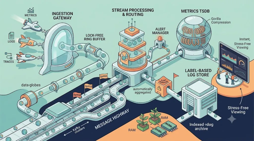 Comic Illustration of architecture of observability tools like Datadog and Grafana, showing a complex system with various components and data flows.
