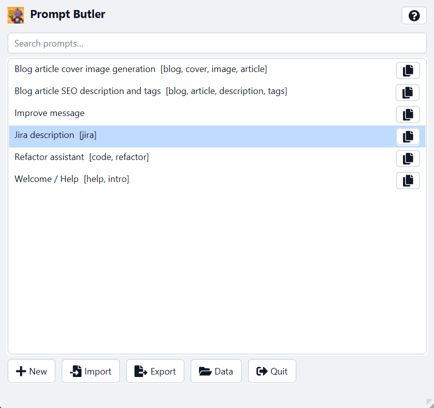 Screenshot of Prompt Butler's main overlay with a search query and results Screenshot of Prompt Butler's main overlay with a search query and results