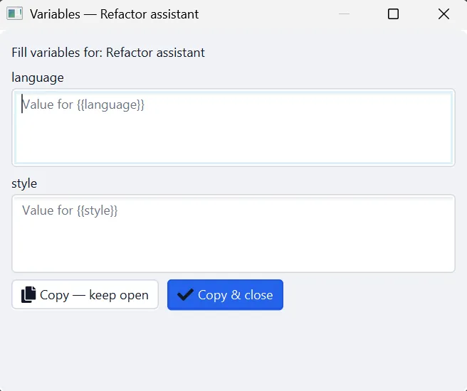 Screenshot of Prompt Butler's variable compilation with dynamic parameters Screenshot of Prompt Butler's variable compilation with dynamic parameters